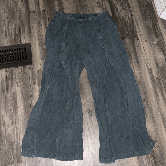 Young Fabulous Broke Cove Pant Green YFB Front Slits Crop Flare Washed Linen M - Picture 4 of 6